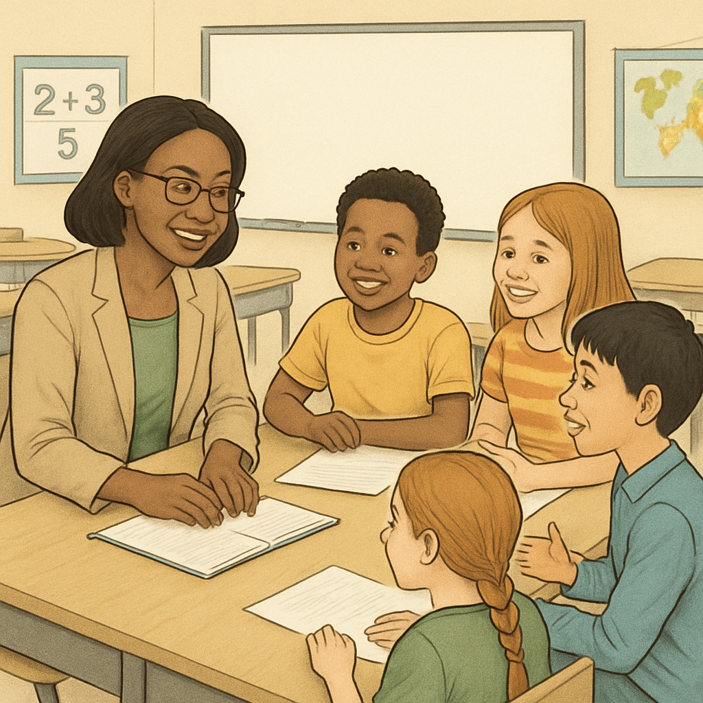 A K-12 school counselor working with students in a classroom setting. A K-12 school counselor interacting with students during a classroom discussion.