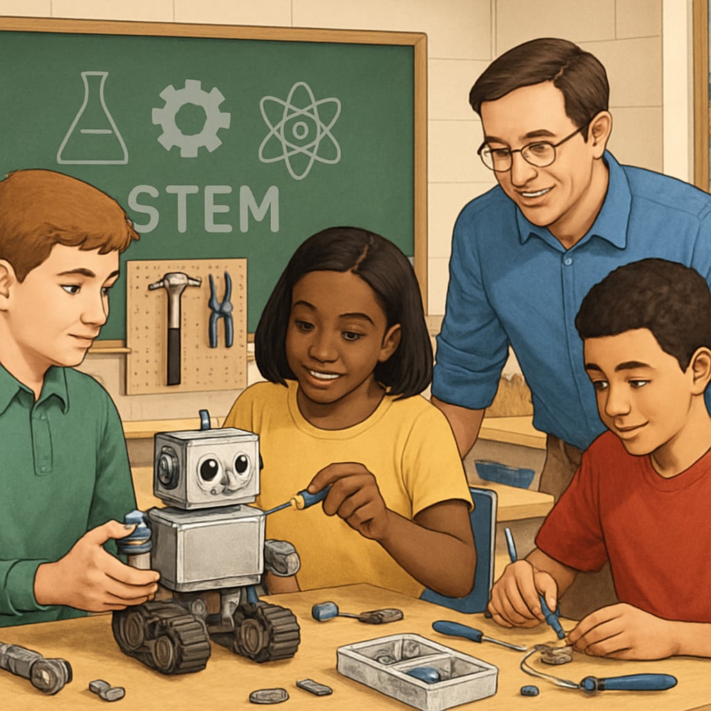 A classroom where students are engaged in a hands-on robotics project, blending CTE and traditional STEM education. Students working on a robotics project in a classroom, combining CTE and academic skills.