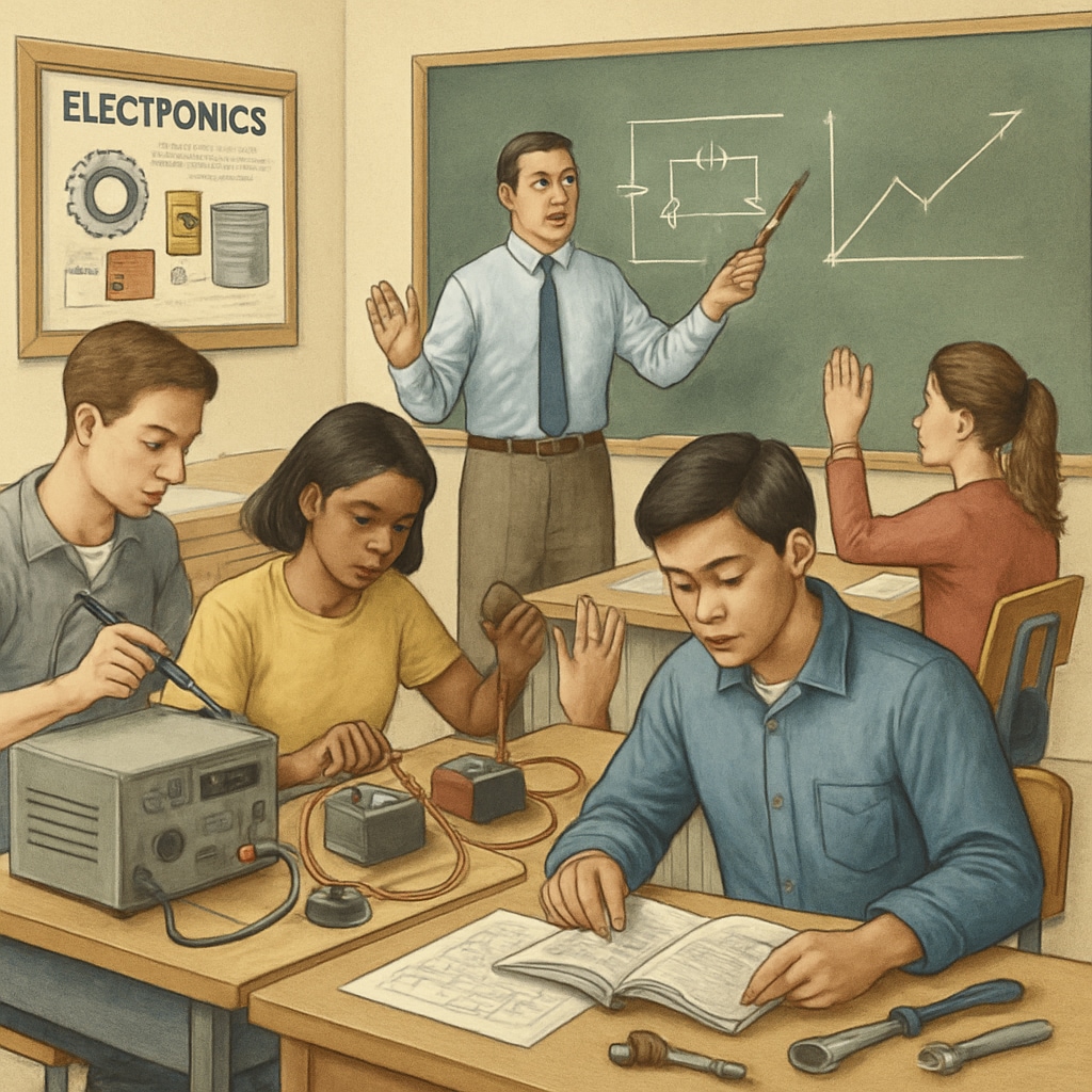 A classroom where students are engaged in both technical hands-on activities and a traditional lecture. Students learning both career and technical education and traditional academics in a classroom setting.