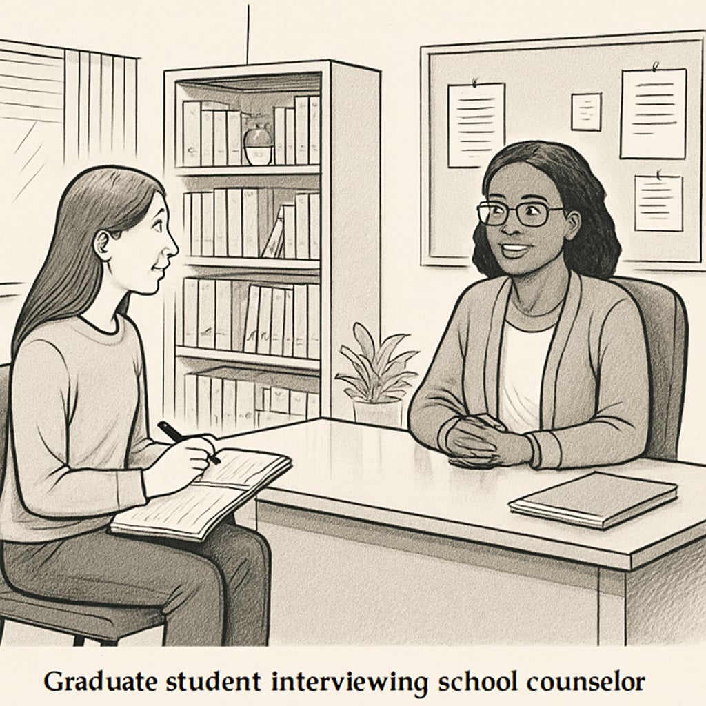 A graduate student conducting an interview with a school counselor in an office setting. A graduate student interviewing a school counselor as part of a research project.
