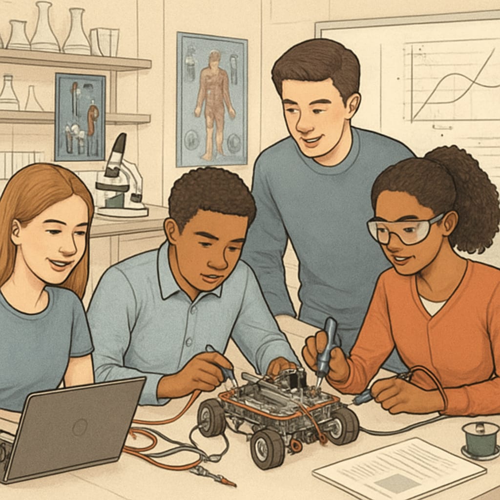 Students collaborating in a school lab, where technical and academic subjects are integrated into a single project. Students in a lab collaborating on a project that combines technical and academic knowledge.