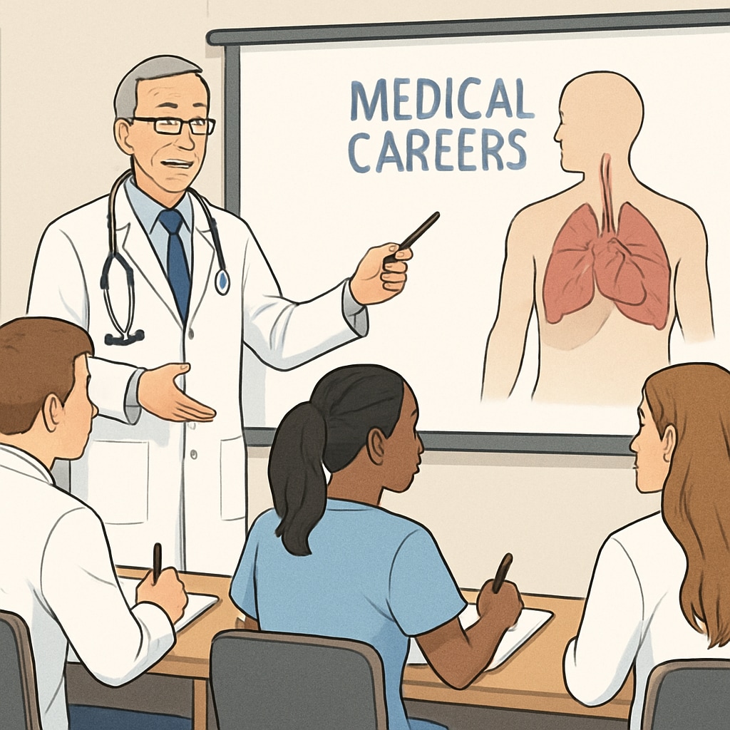 A professional image showing a doctor mentoring young students in a classroom setting, discussing medical career paths. Doctors interviews, career planning, medical education shown in a classroom mentoring session