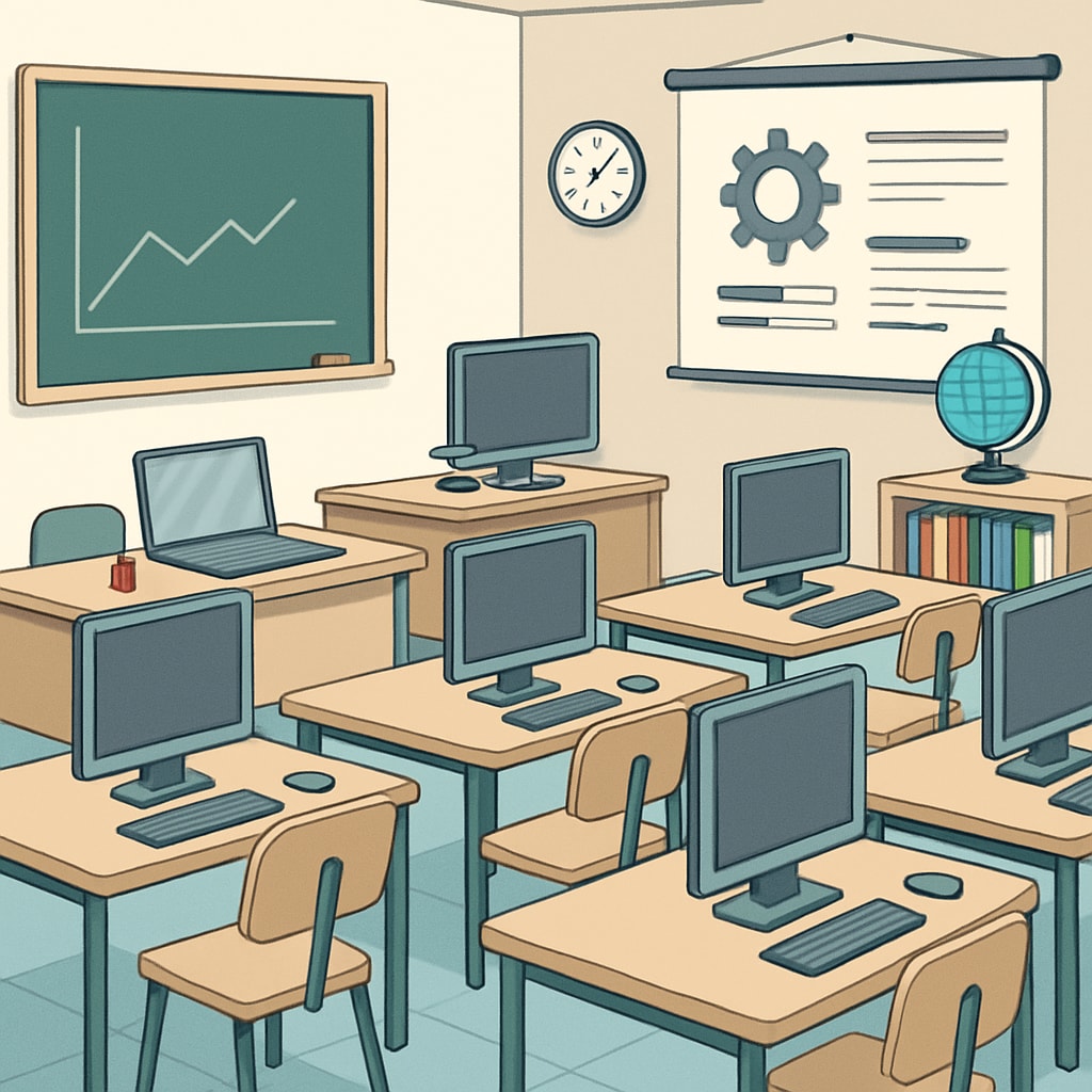 A modern classroom equipped with computers and tools for both technical and academic learning. A classroom showcasing a balanced setup for technical and academic learning environments.