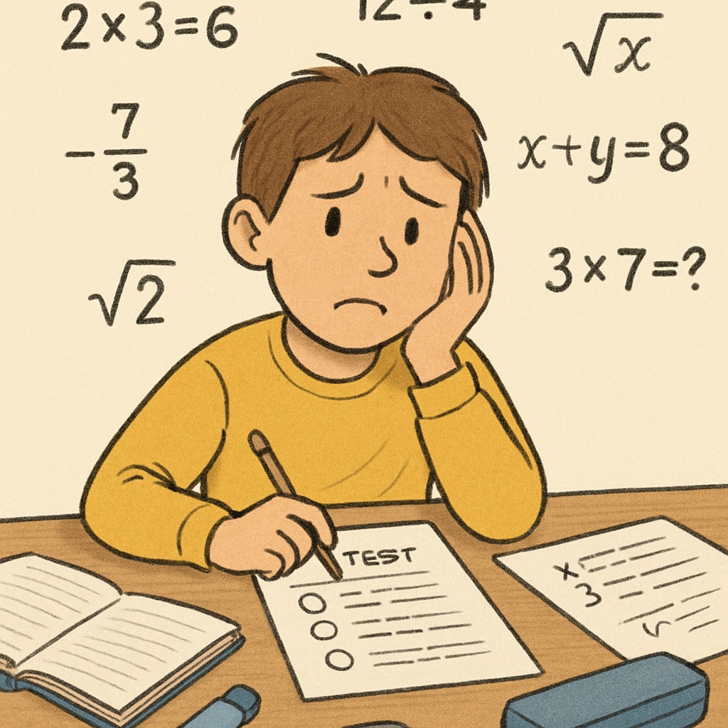A student sitting at a desk with a worried expression, surrounded by math problems and test sheets. Student experiencing math anxiety during test preparation.