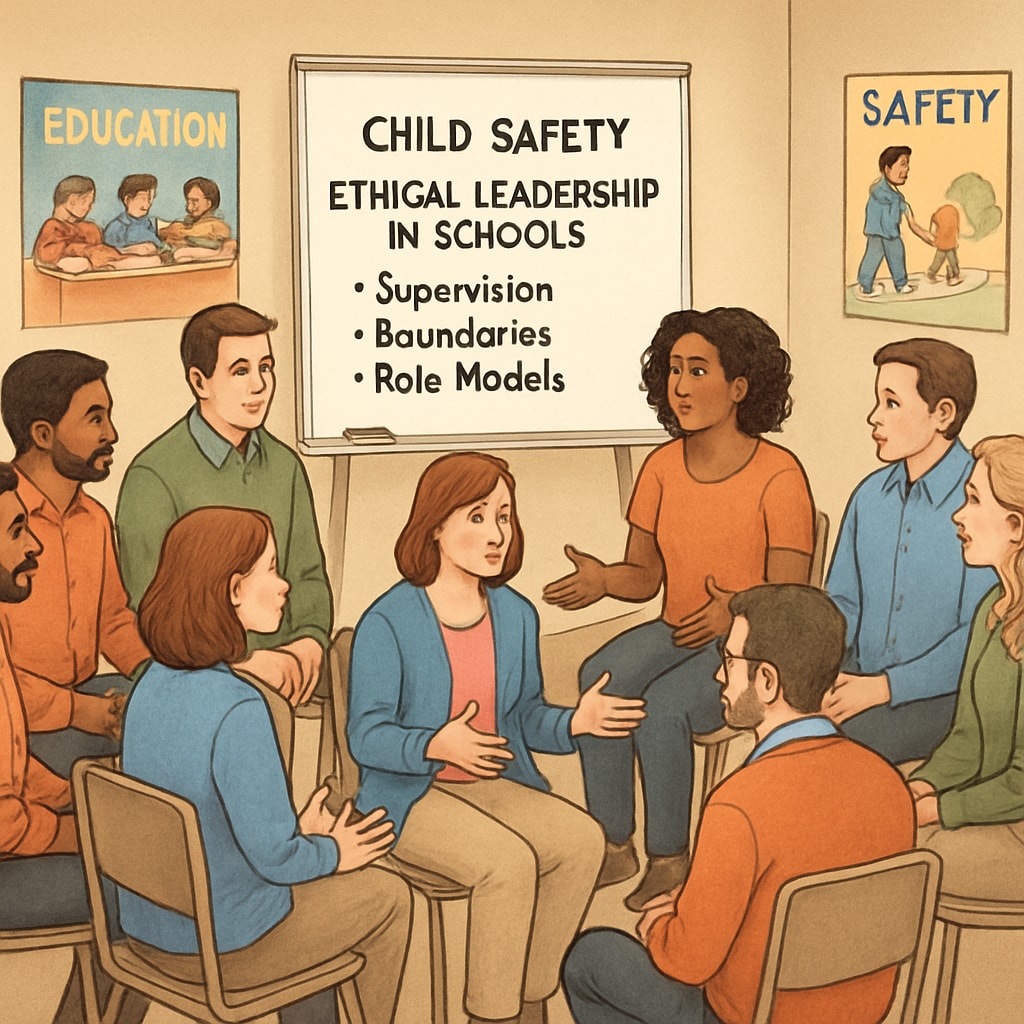 A group of concerned parents gathered at a community meeting to discuss child safety and ethical leadership in schools. Parents discussing child safety and school board ethics at a community meeting.