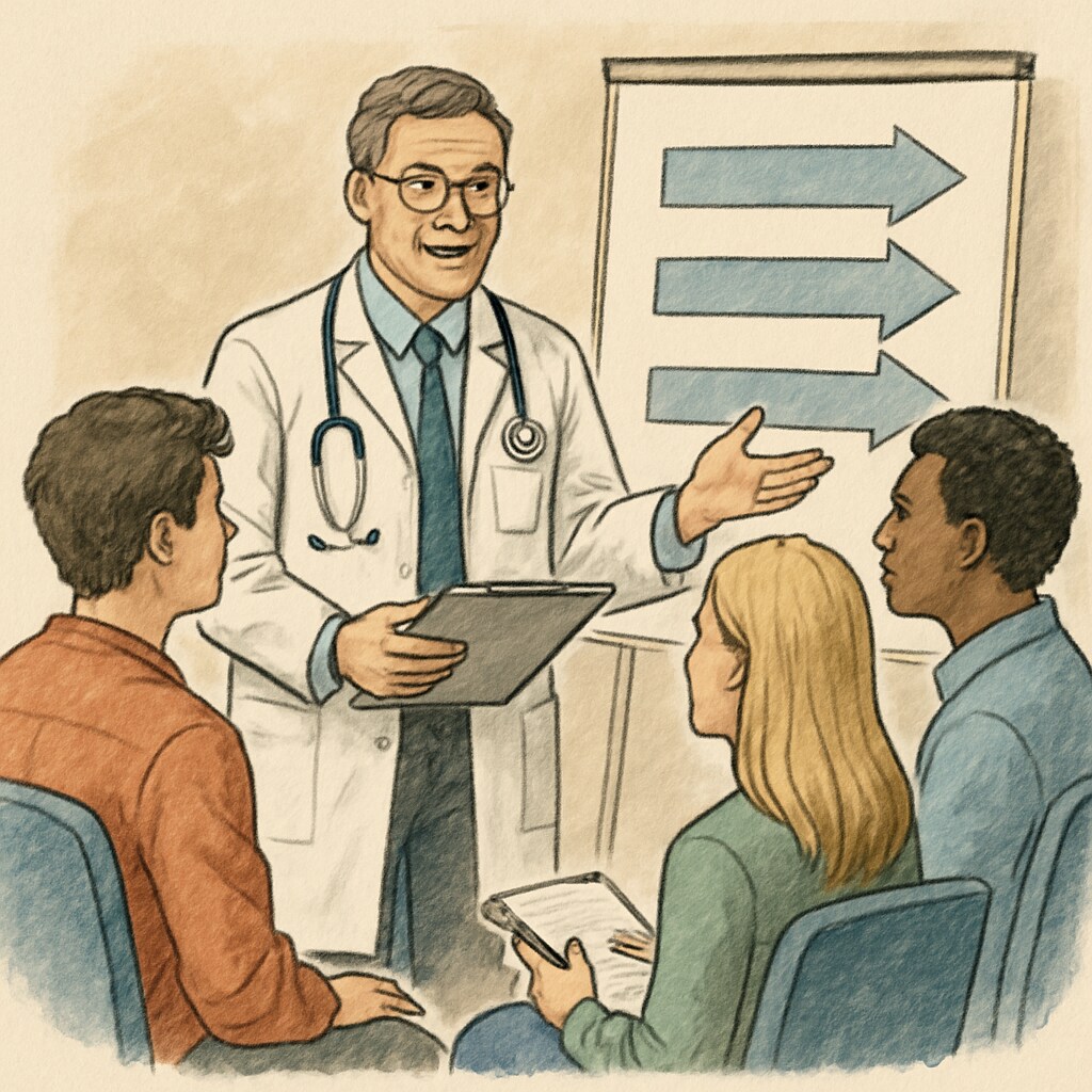 An image of a medical professional discussing career insights with a group of students in an informal setting, emphasizing actionable career pathways. Doctors interviews, career planning, medical education insights shared by a healthcare expert