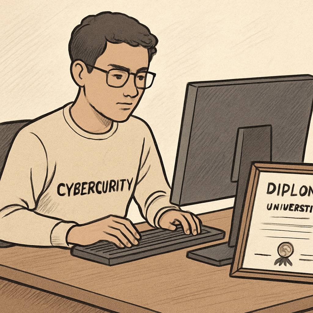 Cybersecurity professional working with computer and diploma, highlighting university reputation and skills.