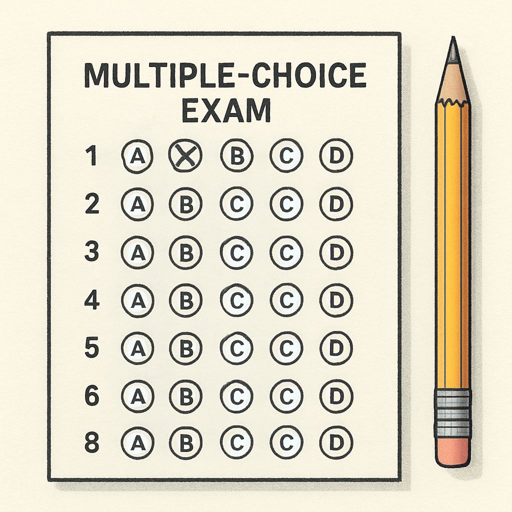 A multiple-choice exam with options marked and a pencil lying beside it. Close-up of a multiple-choice exam sheet, emphasizing test-taking strategies.