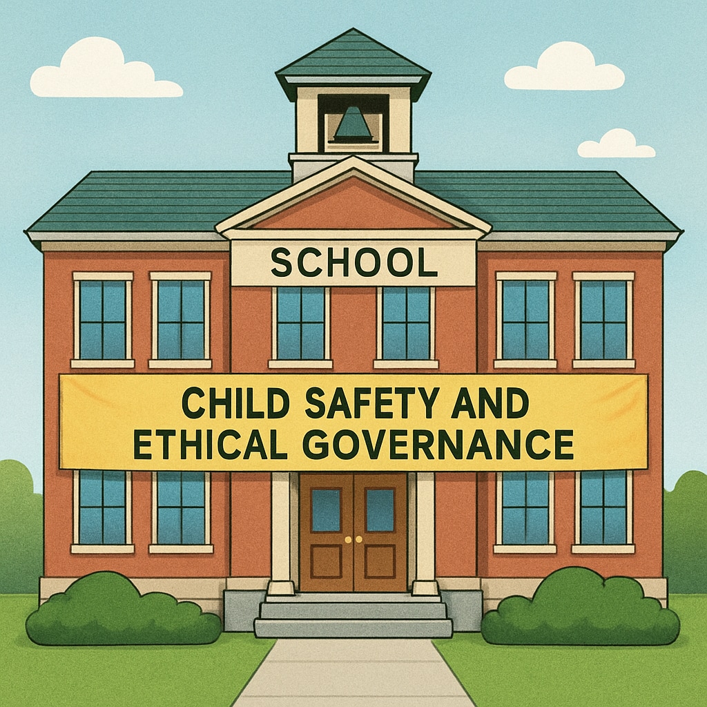 A school building with a visible banner advocating for child safety and ethical governance. A school advocating for child safety and ethical leadership through visible messaging.