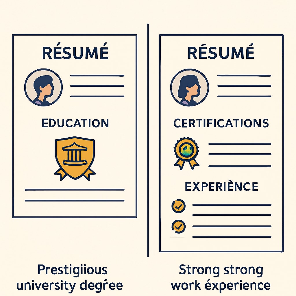 Resume comparison showing the impact of certifications and experience vs university reputation.