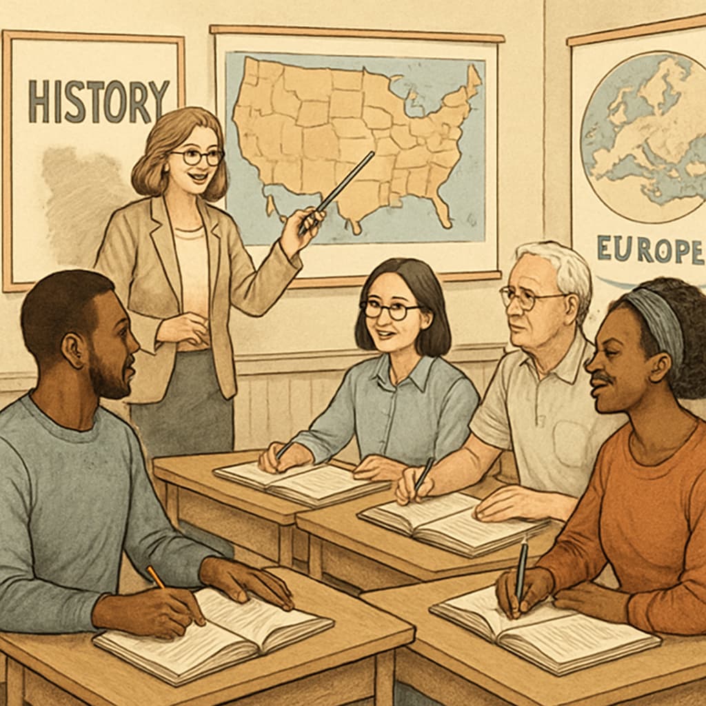 Adult learners studying Western history and geography in a multicultural classroom.