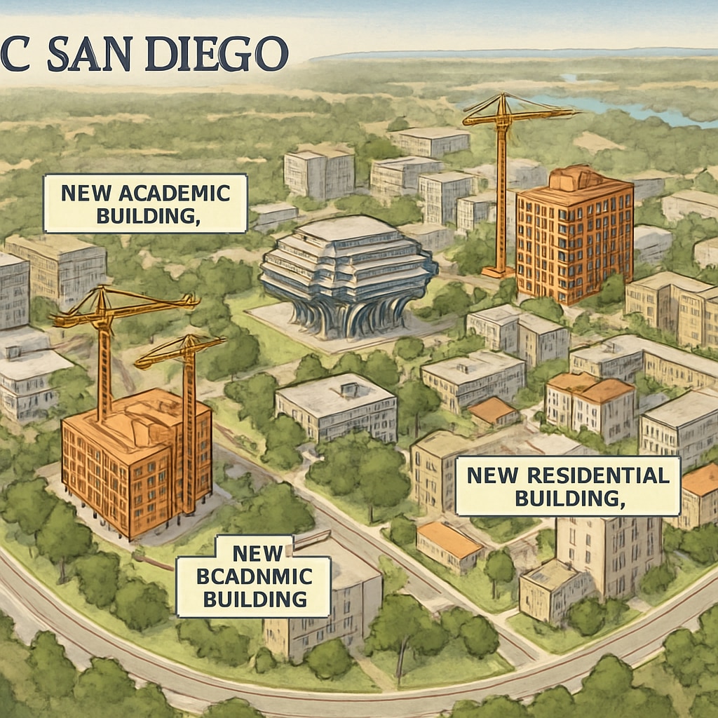 Aerial view of UC San Diego campus, showcasing ongoing construction for new academic and residential buildings. UC San Diego campus expansion with new construction projects.