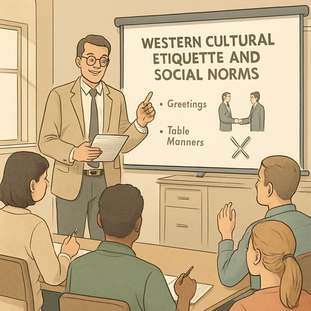 Workshop on Western cultural etiquette and norms for adult learners.