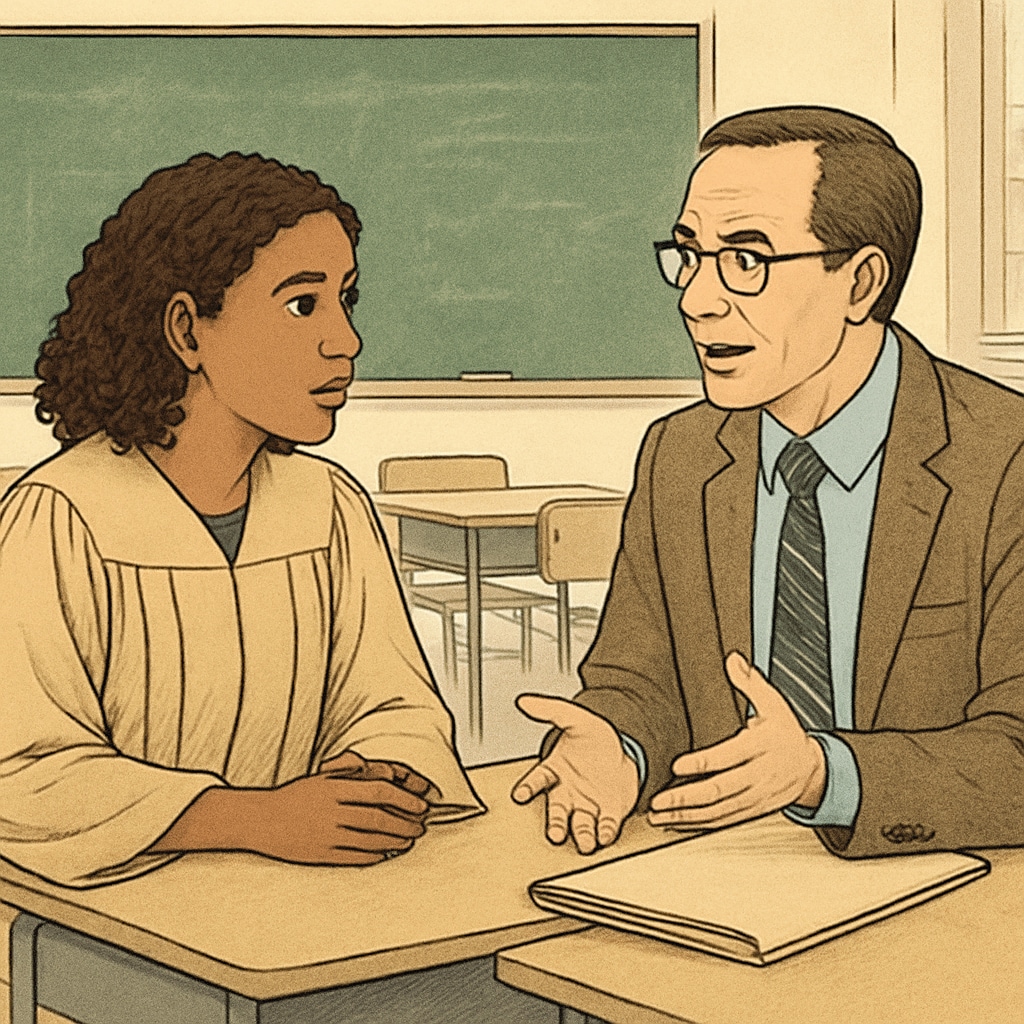 A graduate student interviewing a school counselor in a classroom setting, visually representing the academic dialogue. Graduate student and school counselor conducting an interview in a classroom.