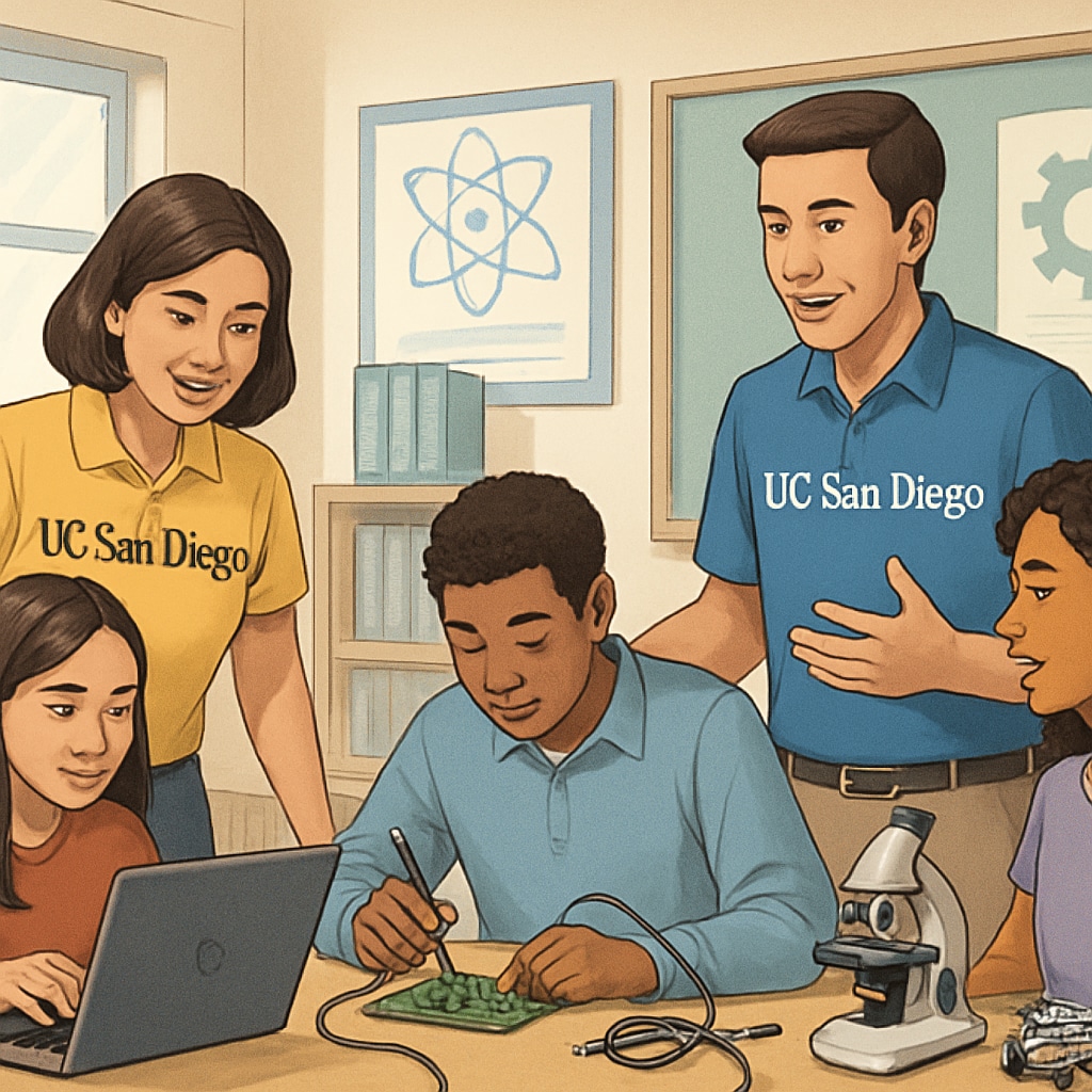 High school students participating in a STEM workshop led by representatives from UC San Diego. High school students in a STEM workshop connected to UC San Diego.