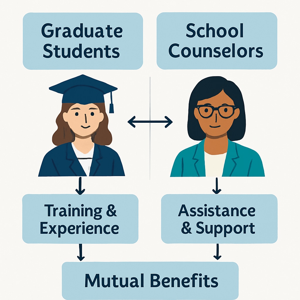A diagram showcasing the collaborative process between graduate students and school counselors, emphasizing mutual benefits. Diagram highlighting collaboration between graduate students and K12 counselors.