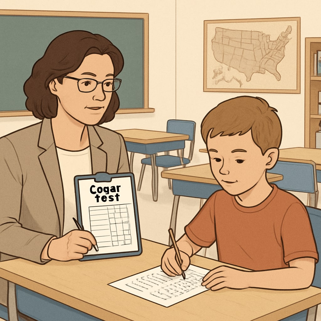 A professional psychologist conducting a CogAT test with a child in a classroom setting. CogAT test being administered to a child by a psychologist