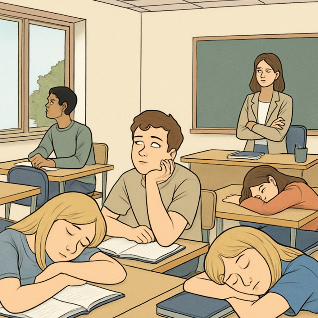 A classroom with disengaged students, some looking out the window and others resting their heads on desks. Classroom scene showing disengaged students, highlighting the issue of boredom in education.