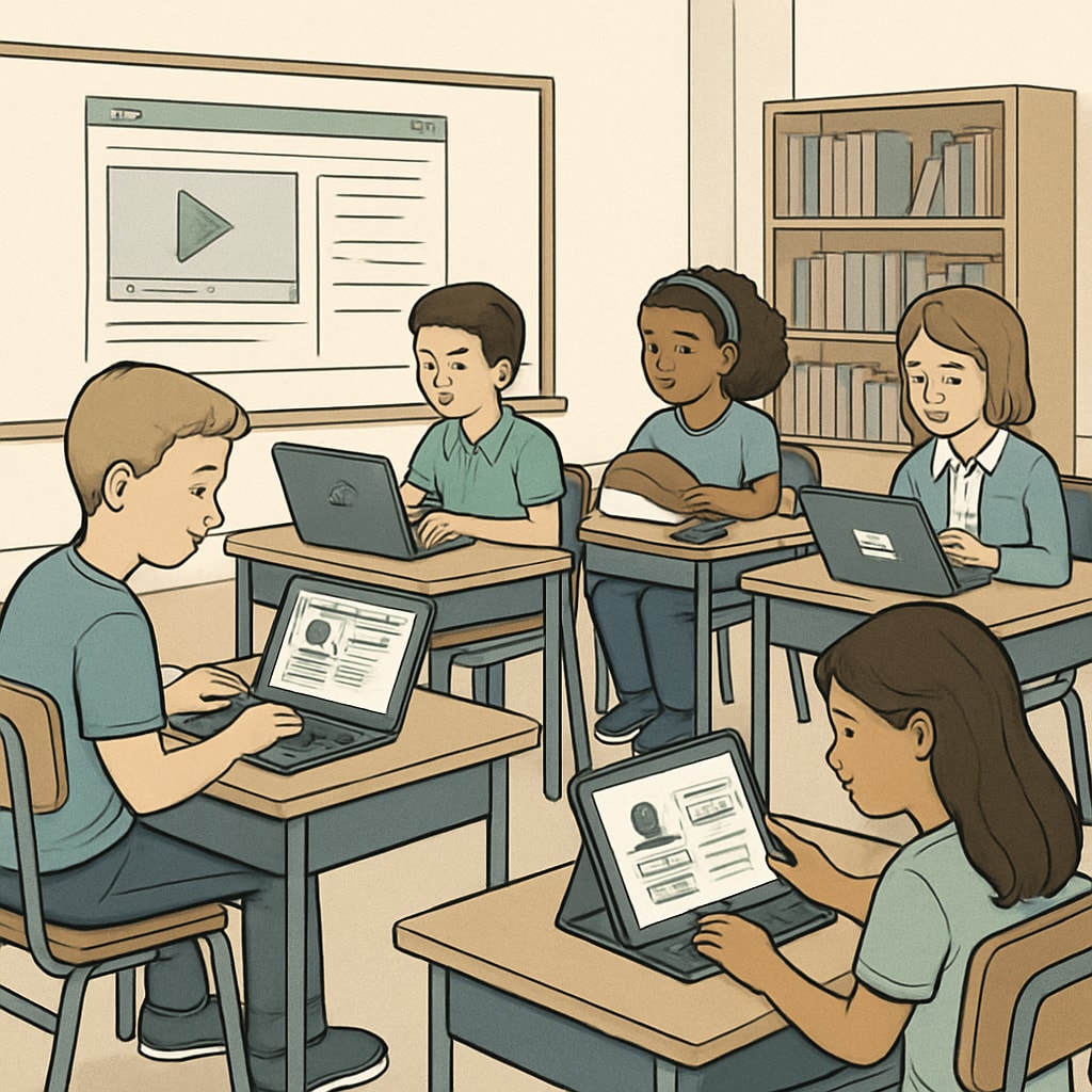 A group of students using laptops and tablets to access online learning tools in a classroom setting. Students engaging with test resources on educational platforms.