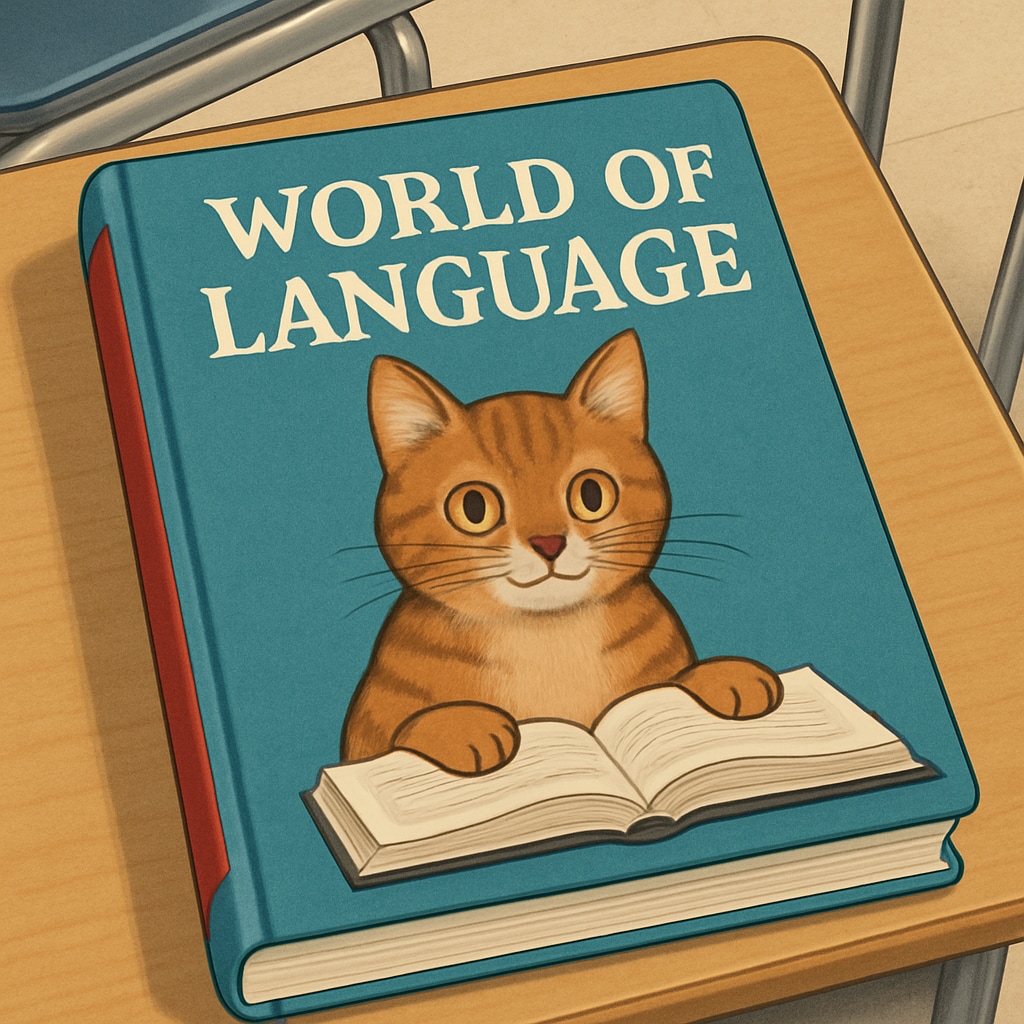A close-up of the World of Language textbook with cat cover on a desk in a classroom.