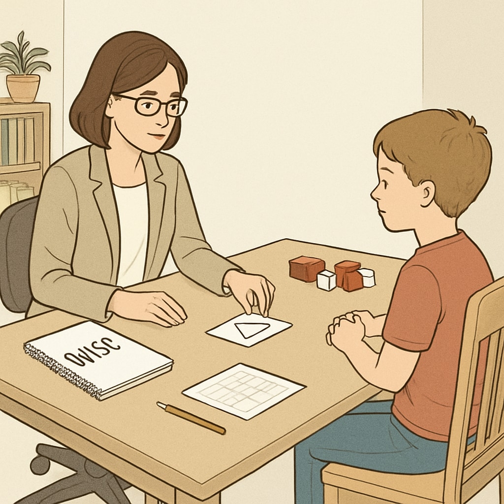 A psychologist administering the WISC test to a child in a quiet, professional environment. WISC test conducted by a psychologist with a child