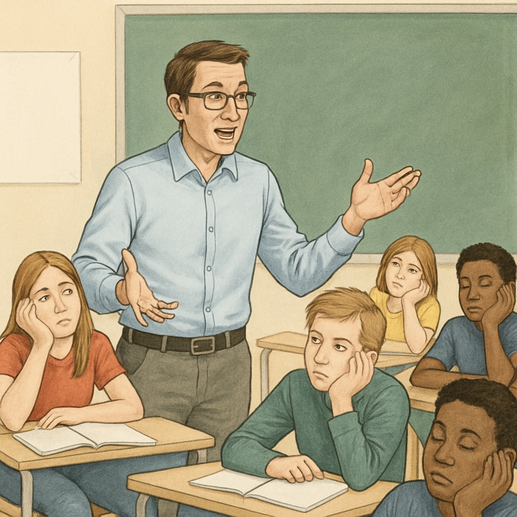 A teacher standing in front of a classroom, trying to engage students who appear distracted or uninterested. Teacher attempting to engage distracted students in a classroom.