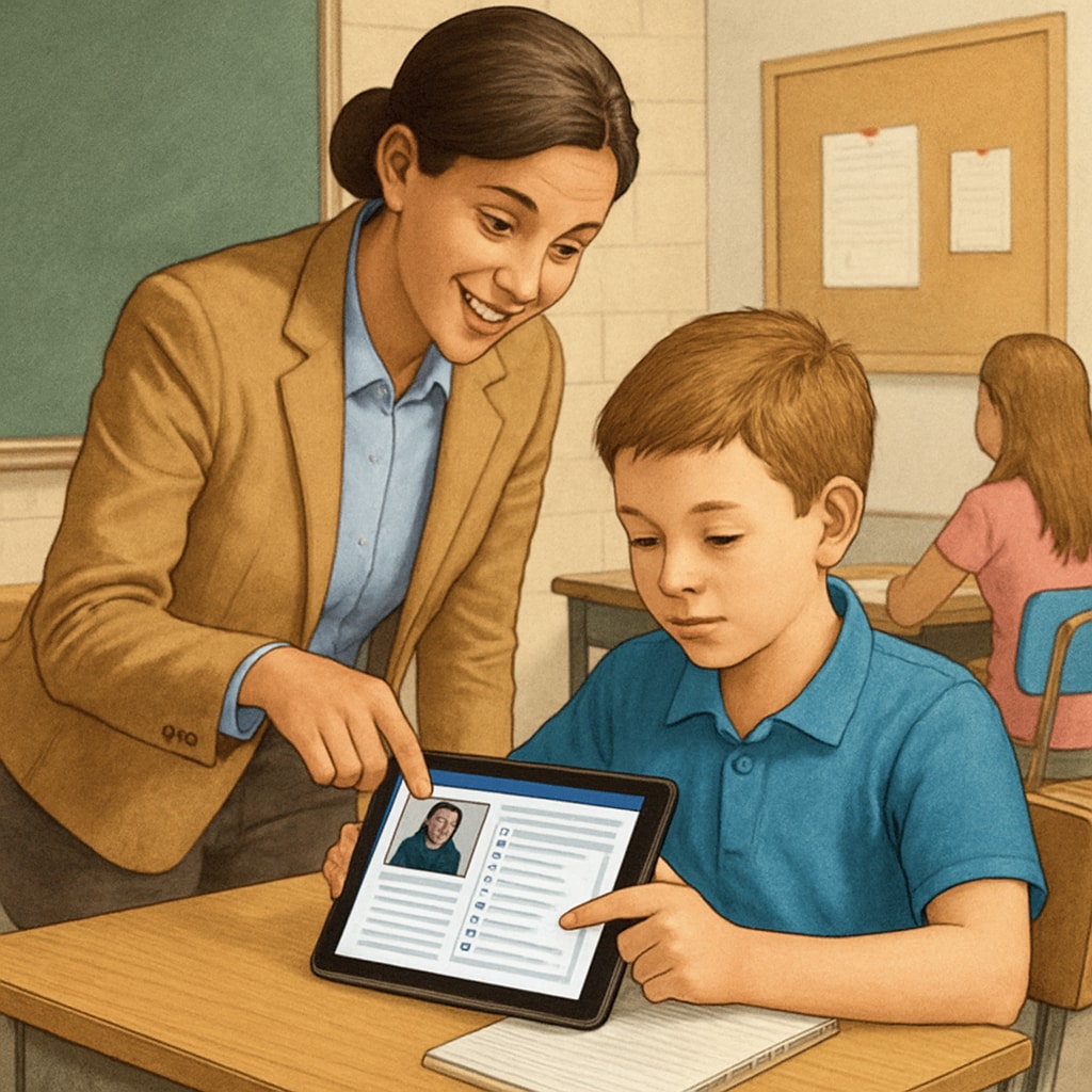 A close-up of a teacher helping a student navigate an online learning app on a tablet. Teacher guiding a student with online test resources.