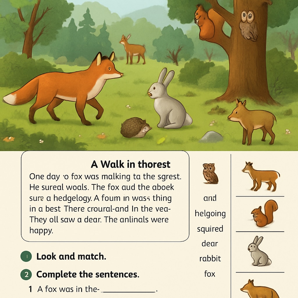 An illustrated page from the Page from the World of Language textbook featuring animal illustrations and vocabulary exercises.