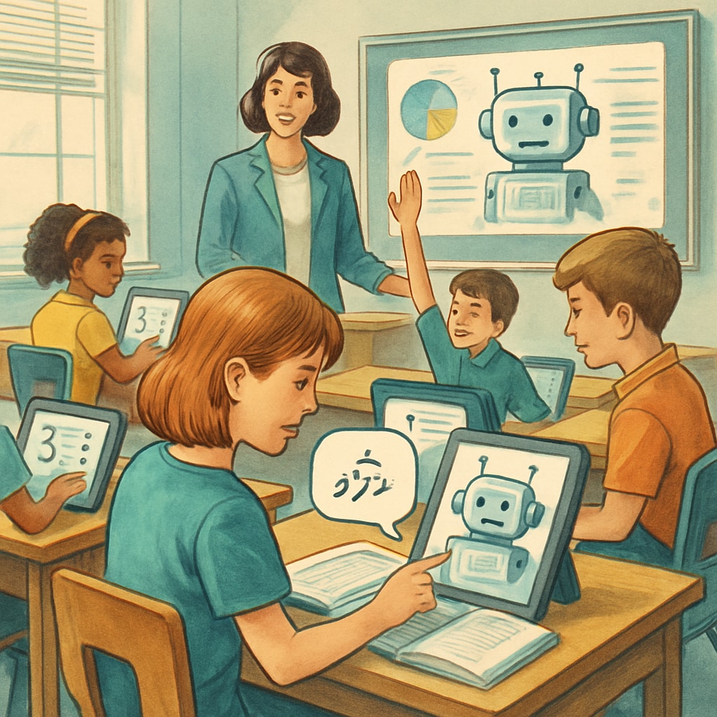 A futuristic classroom scene showing students engaging with AI-powered learning devices, highlighting personalized education. A classroom of the future with students using AI technology for tailored learning.
