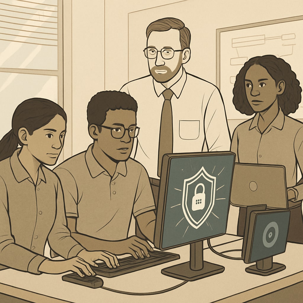 A diverse group of cybersecurity professionals collaborating in an office setting, representing varied educational backgrounds. Cybersecurity professionals in an office, illustrating diverse educational paths.