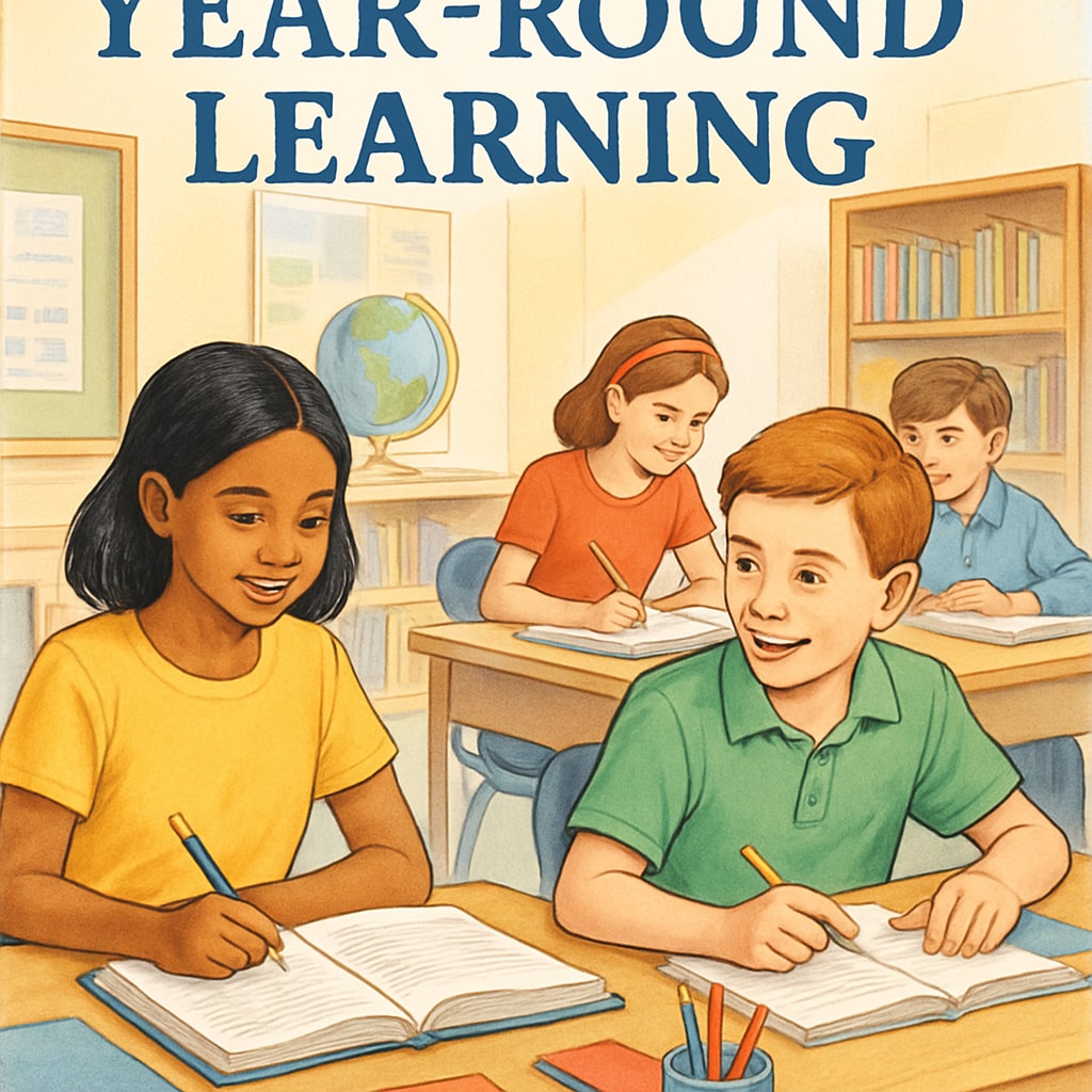 A classroom of students engaged in year-round learning, with educational materials spread across desks. Students in a classroom benefiting from year-round schooling and consistent exposure to learning materials.