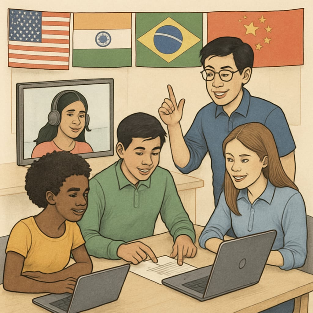 A virtual classroom where students from different countries collaborate on a project, symbolizing globalized education. Students from various countries working together in a virtual classroom.