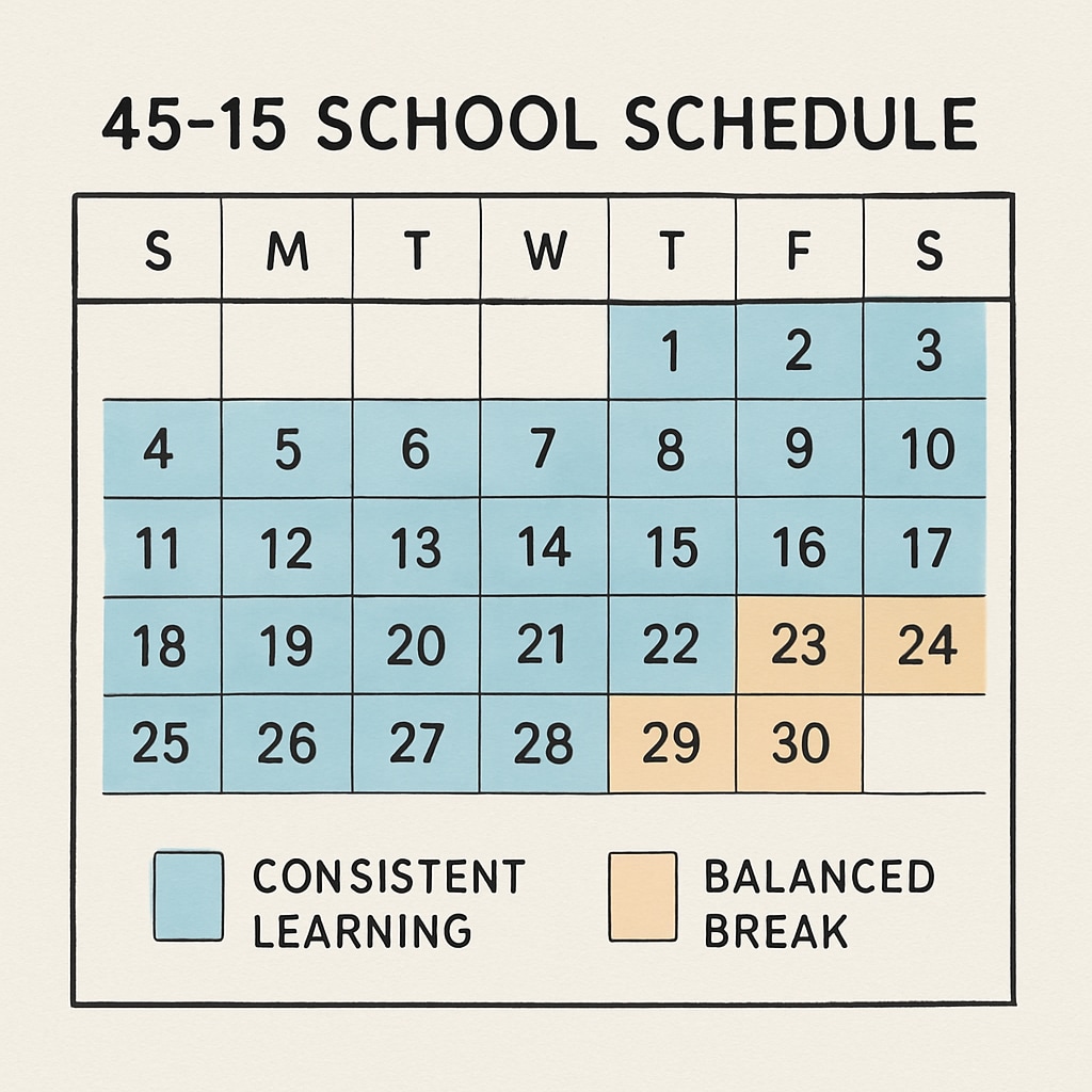 A calendar illustrating the 45-15 school schedule, showcasing balanced breaks and consistent learning periods. Calendar showing the balanced 45-15 schedule used in year-round schooling for better knowledge retention.