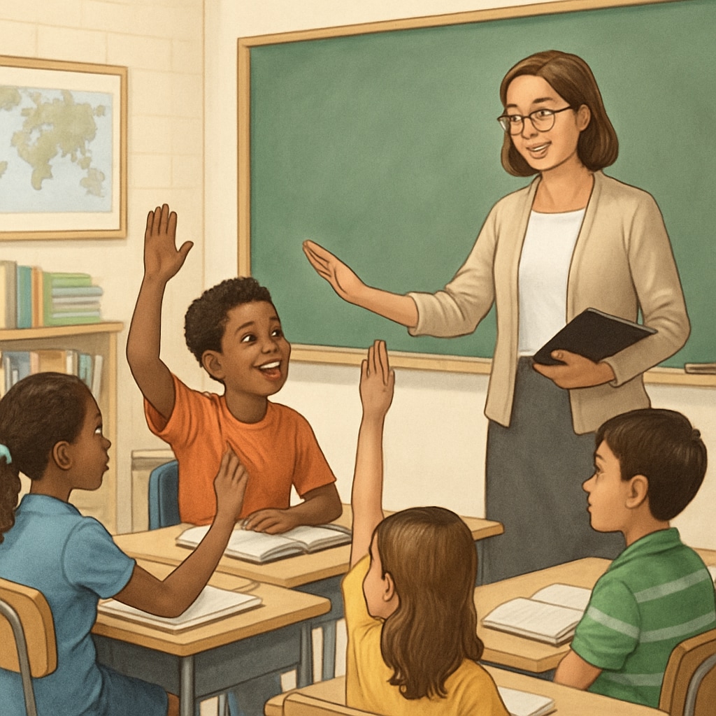 A classroom setting where a teacher balances rigorous instruction with empathetic support for students. Classroom scene illustrating balanced teaching methods that combine rigor and care.