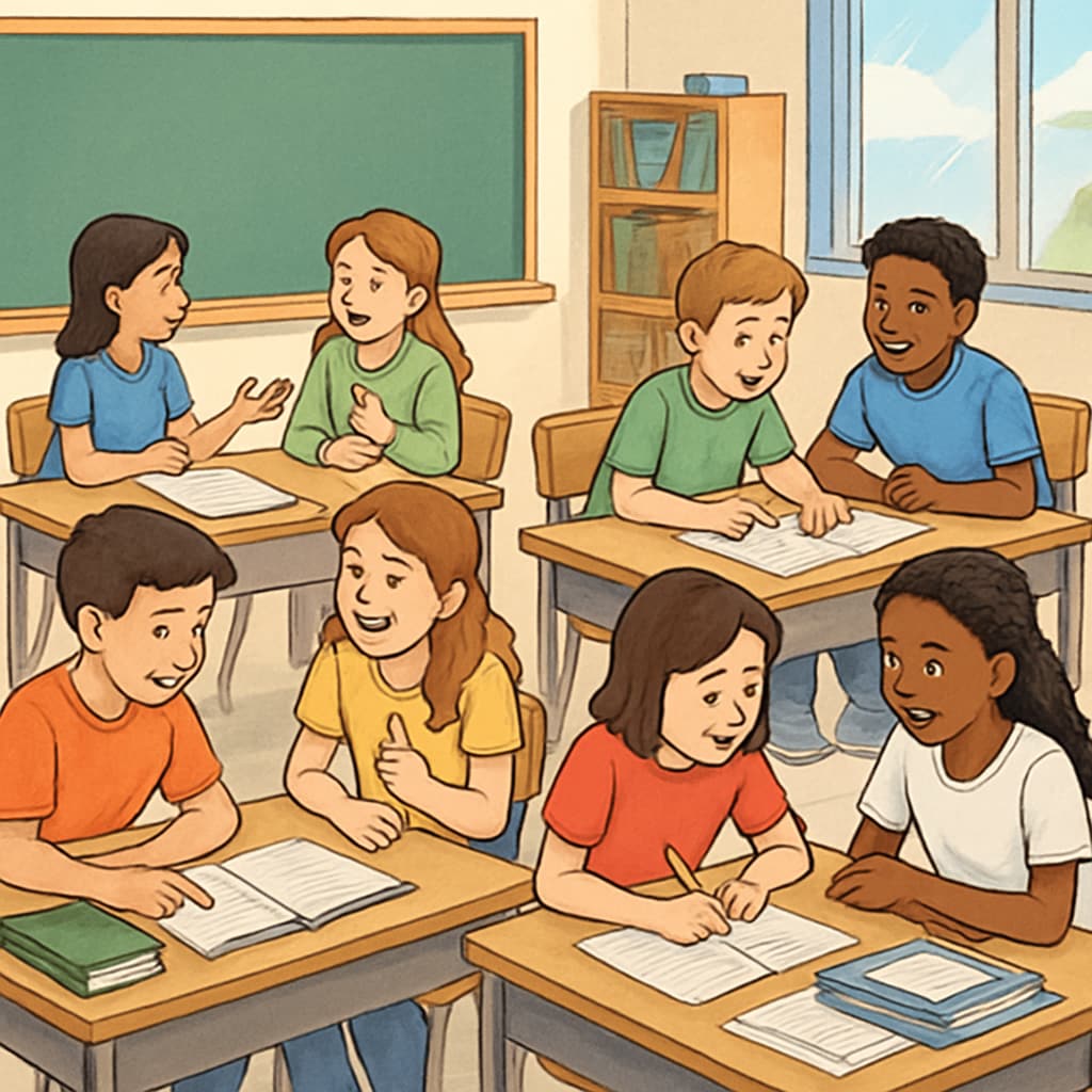 A classroom setting showing students engaged in collaborative group activities to measure communication and teamwork skills. Students collaborating in a classroom, focusing on communication and teamwork skills.