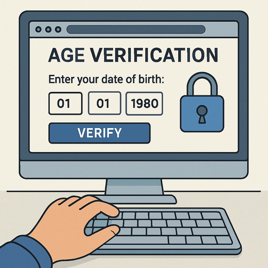 A conceptual illustration of age verification technology, depicting a user inputting their birthdate on a secure website. Age verification technology example related to UK laws.