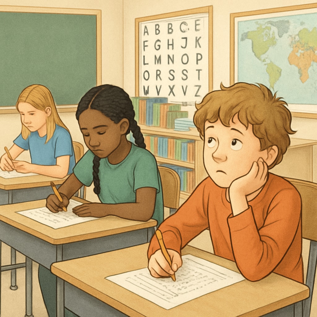 A classroom scene with a diverse group of students taking a standardized test, with one child looking distracted to represent ADHD challenges in testing. ADHD student challenges in standardized tests within gifted program selection.