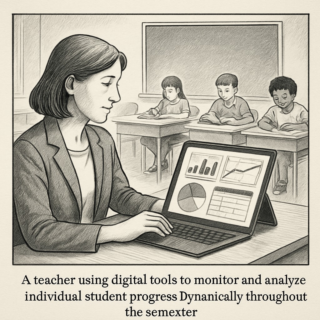 A teacher using digital tools to track individual student progress dynamically throughout the semester. A teacher using digital tools for real-time student progress tracking.