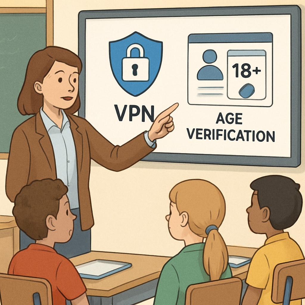 A classroom setting where a teacher is explaining online safety concepts to students, with visuals of VPNs and age verification systems on a smartboard. Teacher explaining VPN and age verification concepts to students.