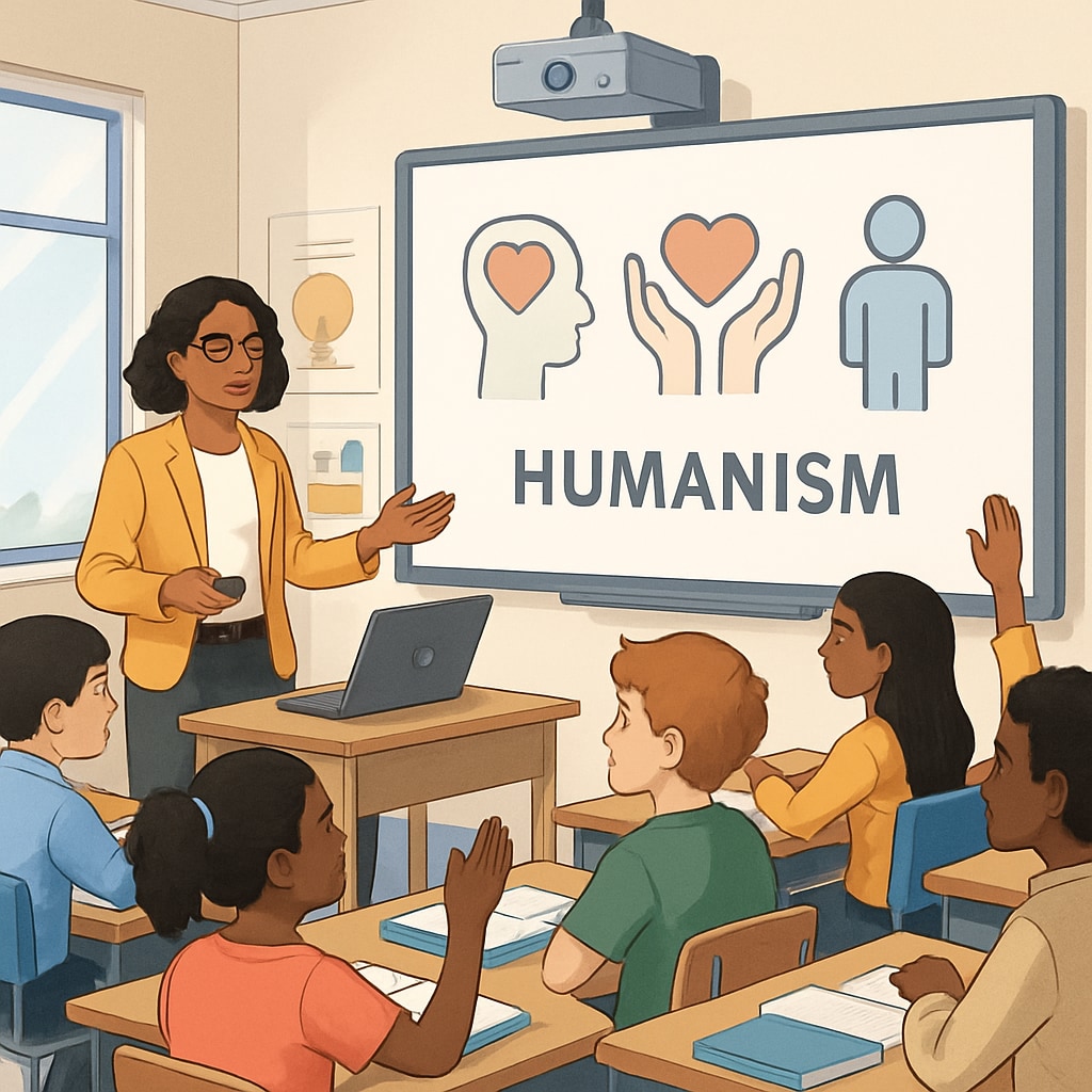 A multicultural classroom where an educator uses multimedia tools to teach humanistic concepts, fostering engagement among diverse learners. Multicultural classroom with multimedia-based teaching for humanistic education.