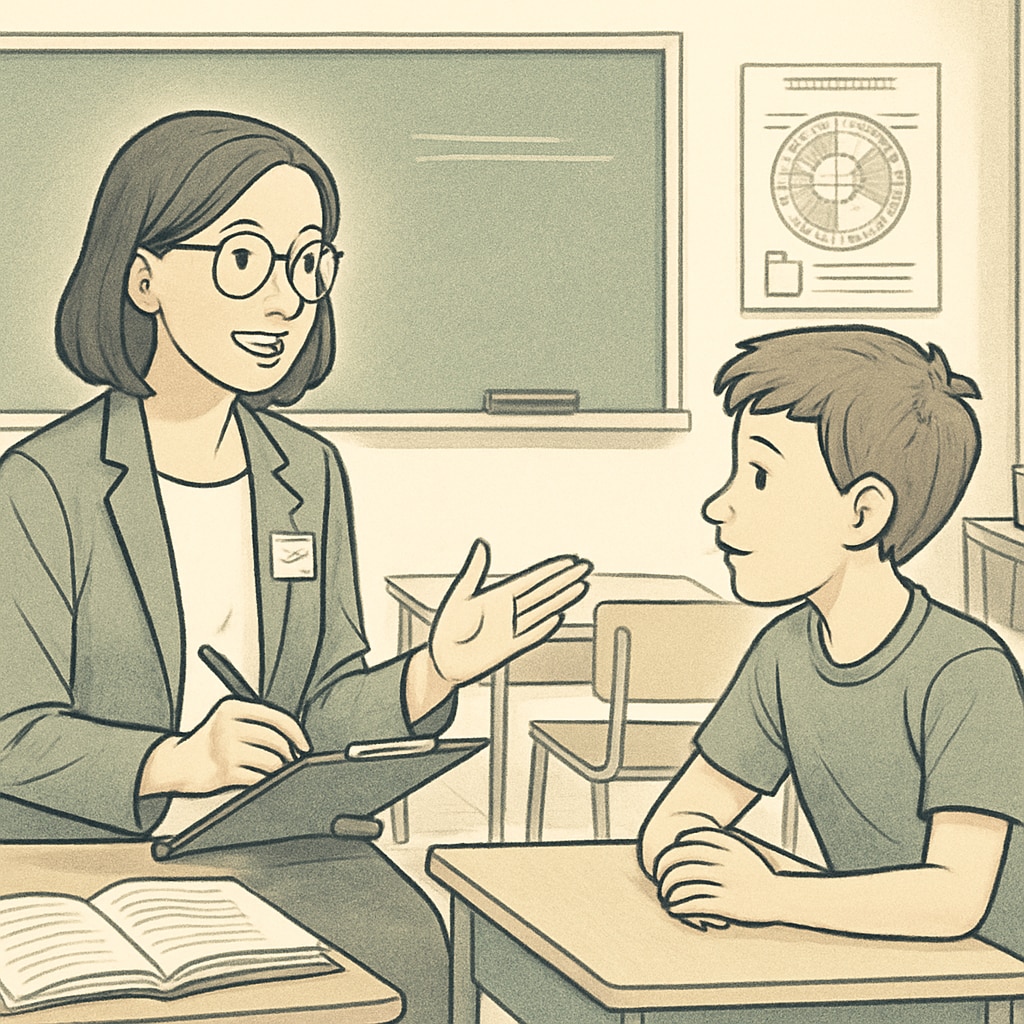 A school counselor working with a student in a classroom setting. The focus is on their interaction and the educational environment. A school counselor assisting a student with academic or emotional support.