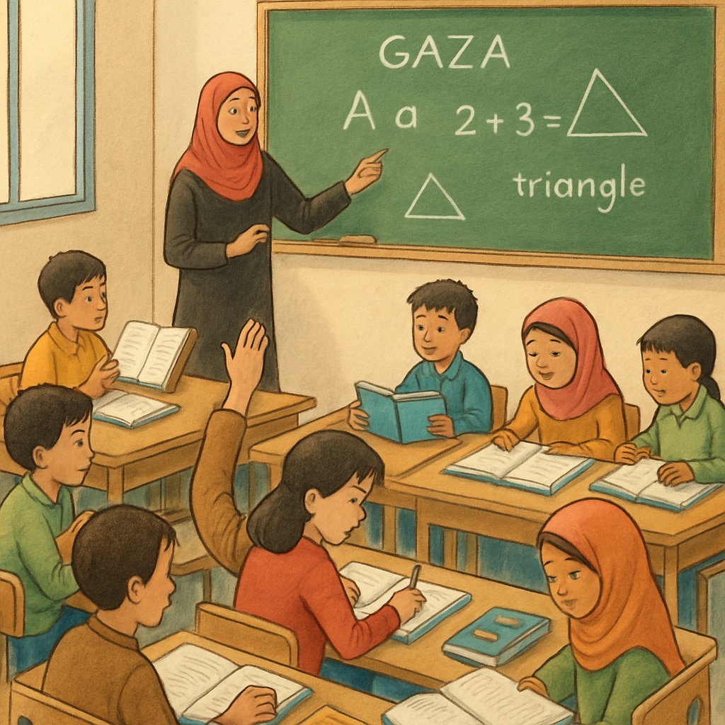 A classroom in Gaza with children engaged in learning activities, symbolizing hope and education recovery. Gaza classroom with students learning, representing post-conflict education rebuilding.