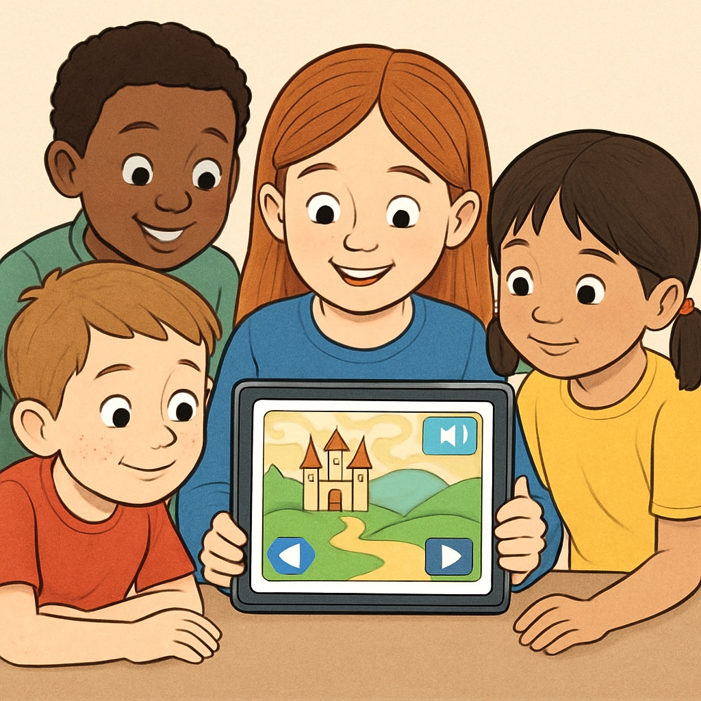 A group of children using a tablet to read a storybook, showcasing interactive features like animations and audio narration. Children reading a storybook on a tablet, demonstrating interactive features like text-to-speech.