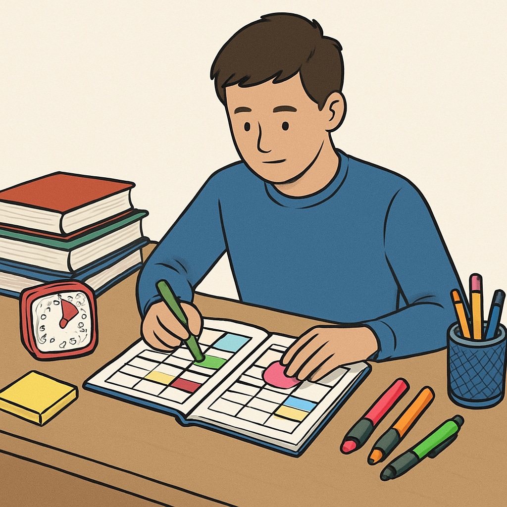 A student organizing a planner to catch up on high school credits, using ADHD-friendly tools. High school credits ADHD recovery planner.