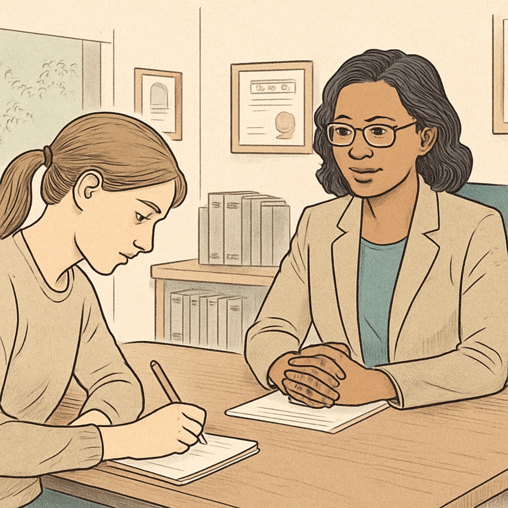 A graduate student taking notes during an interview with a school counselor. The setting is professional and academic. A graduate student conducting an academic interview with a K-12 school counselor.