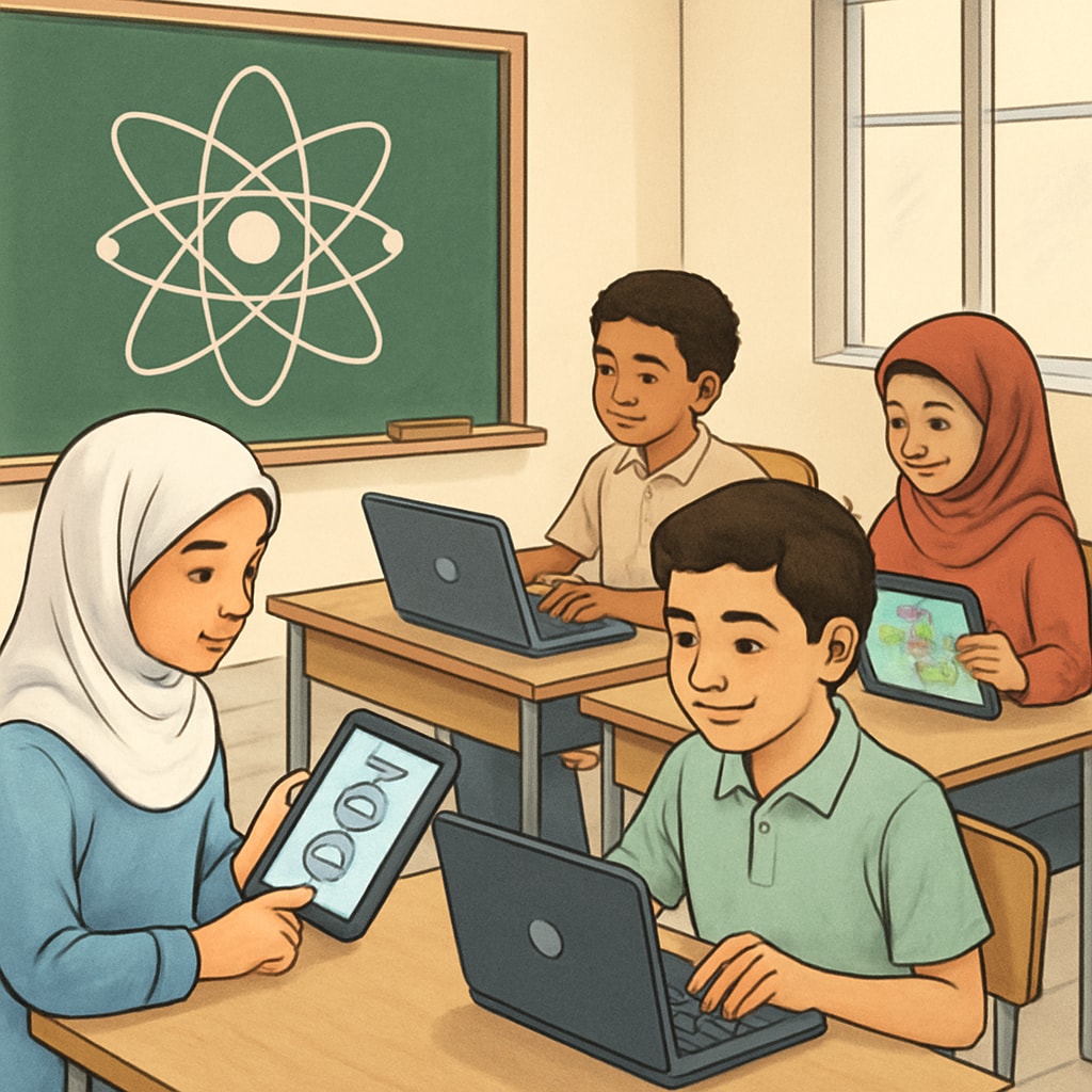 Students in Gaza using tablets or laptops for interactive science lessons, showcasing modern educational approaches. Gaza students using technology in science education, emphasizing modern learning methods.