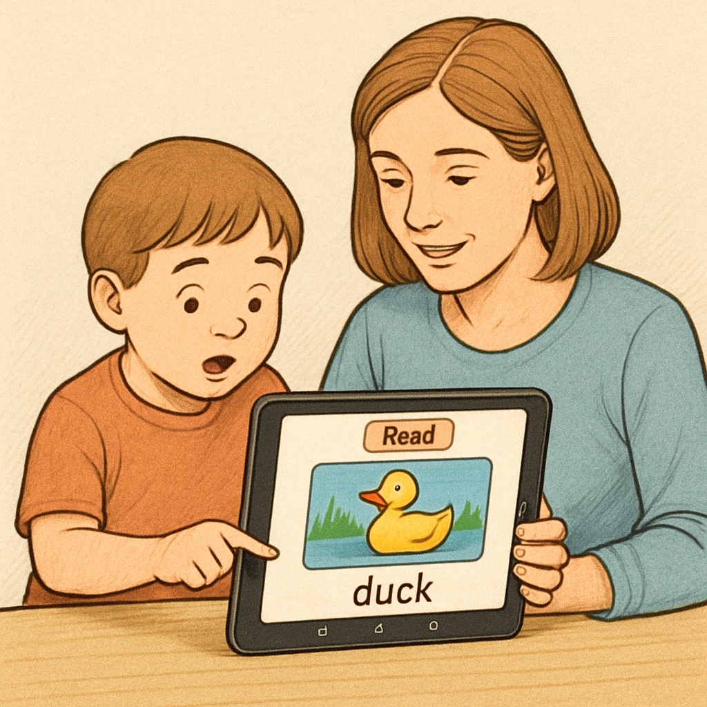 A parent and child exploring an educational app together on an Android tablet, focusing on interactive reading tools. Parent and child using an Android tablet to test a reading application with educational features.