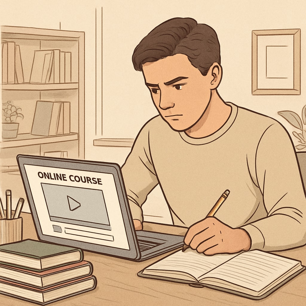 A student working on an online course in a quiet study space, focused on recovering credits. Online courses for high school credits recovery ADHD.