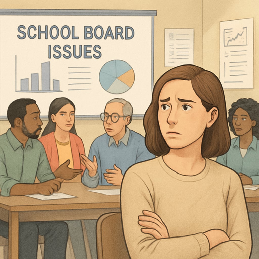 A concerned parent attending a community meeting focused on school board issues. The image reflects community involvement and proactive measures being discussed. Concerned parent at a community meeting about school board safety concerns
