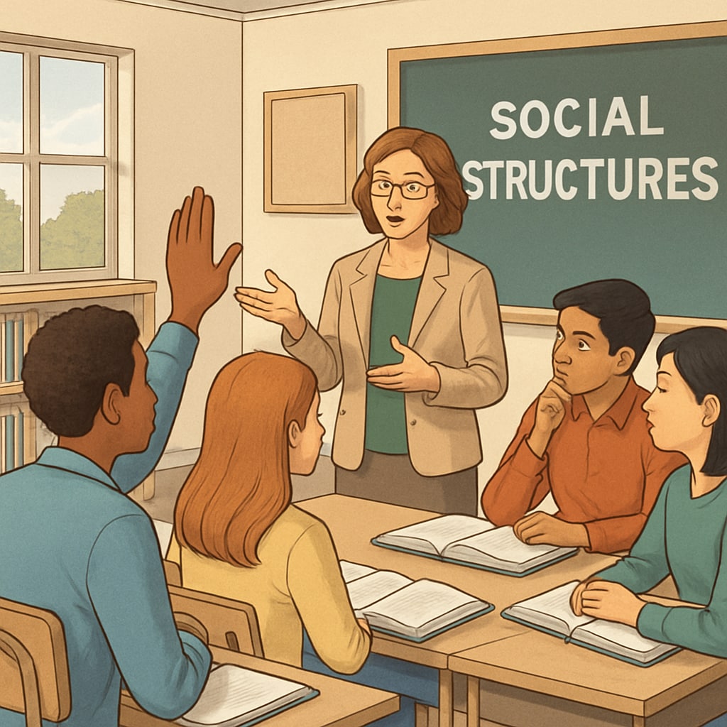 A classroom setting with students and a teacher discussing societal structures, symbolizing the importance of balanced social studies education. Students and a teacher discussing societal structures in a classroom setting.